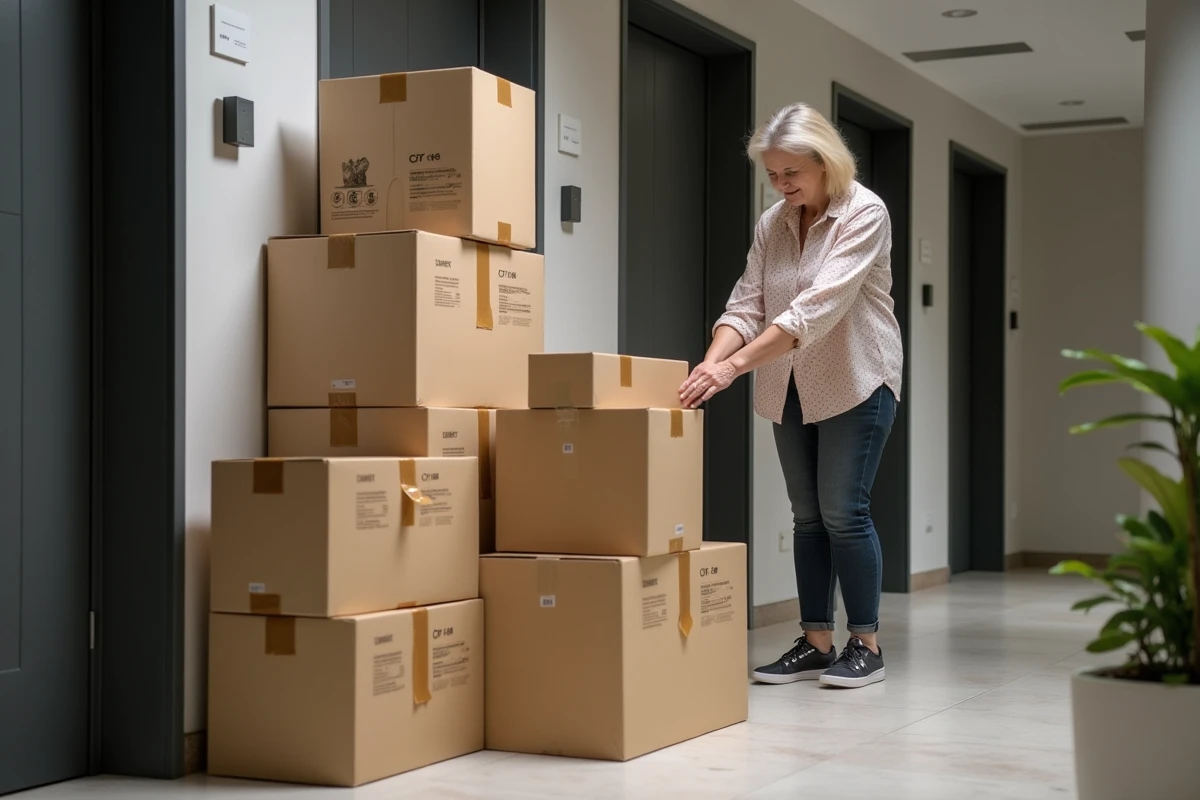 Femme âgée scellant une boîte dans un couloir d