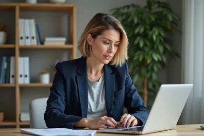 Femme consultant une estimation immobilière en ligne sur son ordinateur portable dans un bureau à domicile