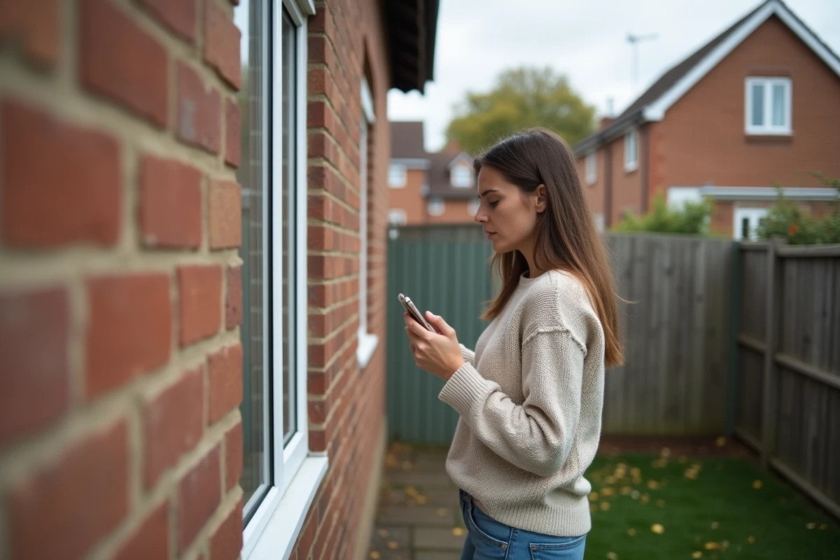 Jeune femme examine le mur extérieur de sa maison dans le jardin