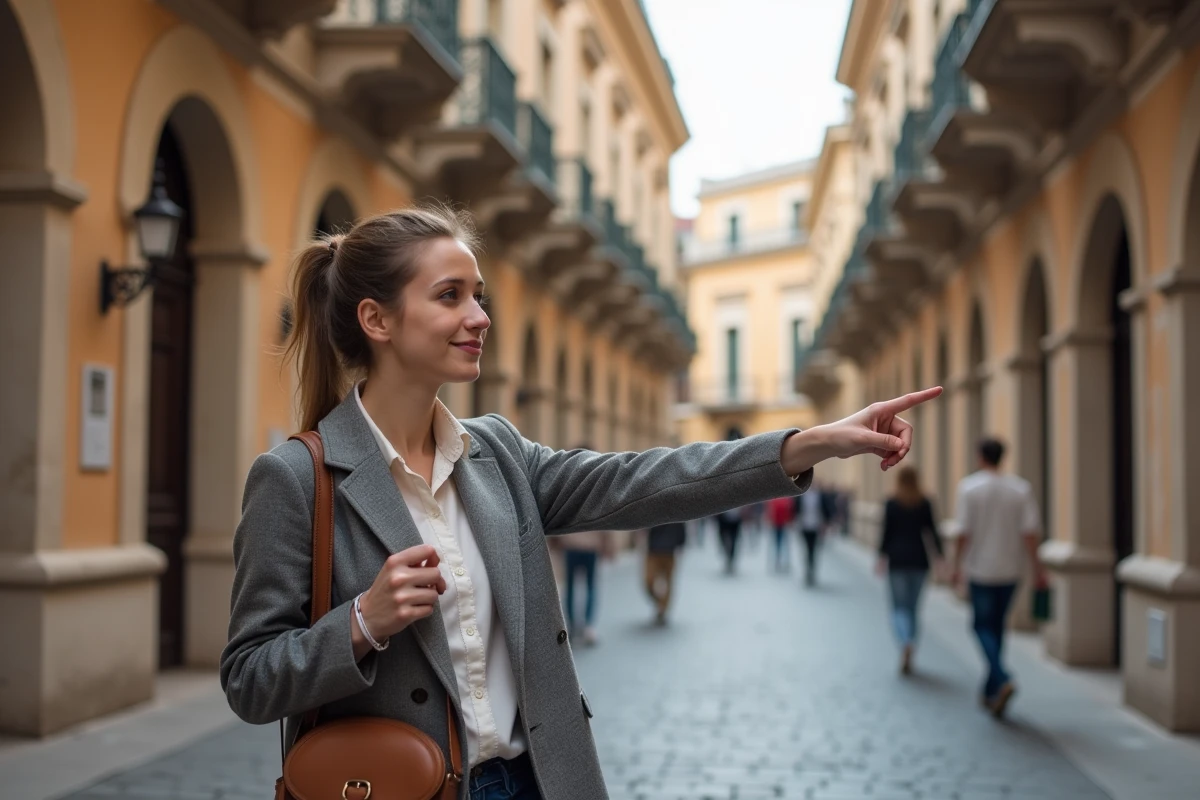 Jeune femme pointant des façades historiques dans une rue pavée