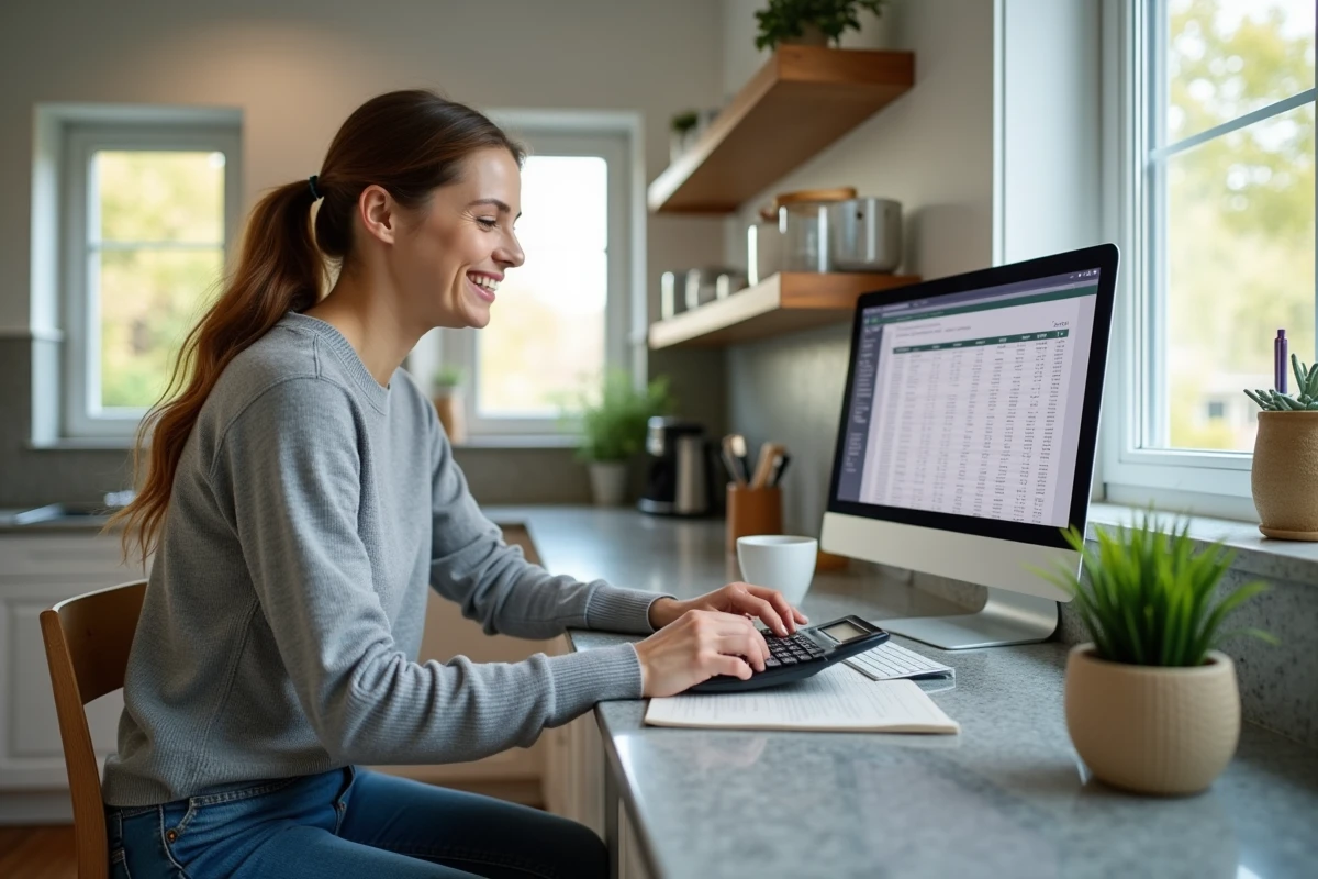 Femme souriante calculant ses impots à la cuisine