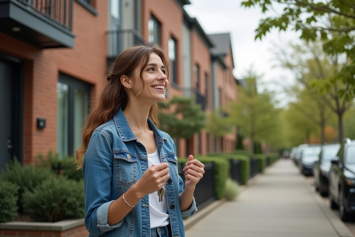 Jeune femme avec clés devant un immeuble résidentiel