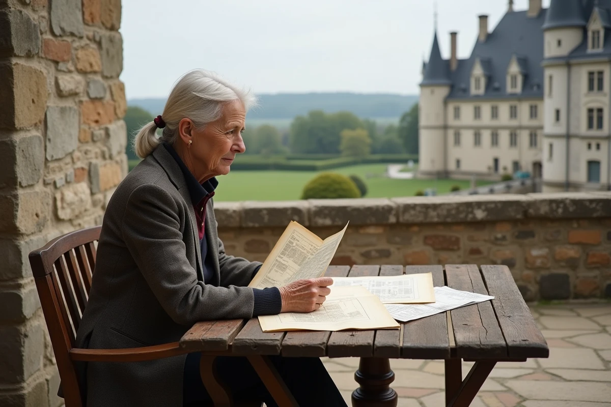 Femme âgée lisant documents sur la terrasse du château