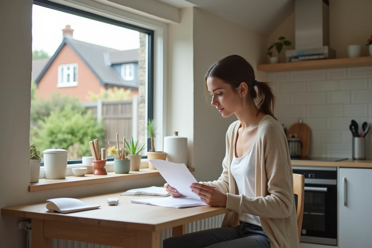 Jeune femme lisant un document dans une cuisine en rénovation