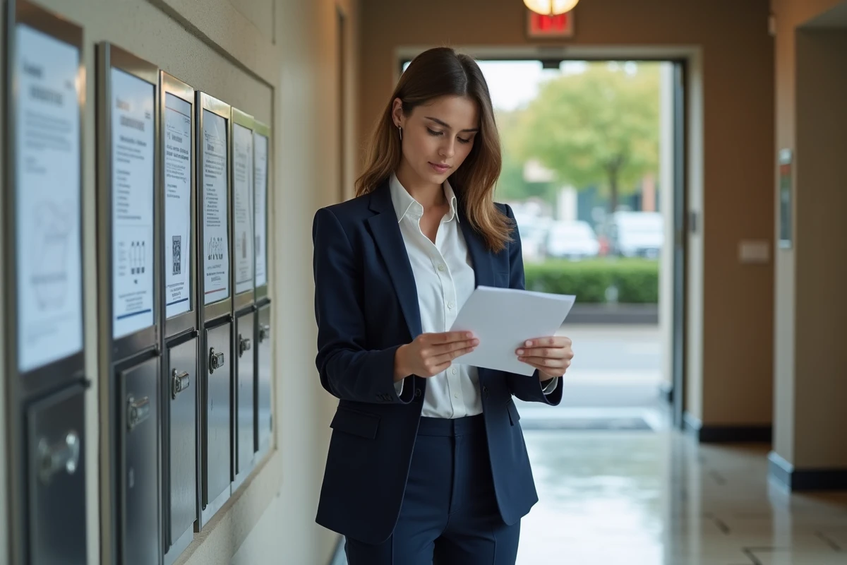 Jeune femme lisant une lettre dans un hall urbain