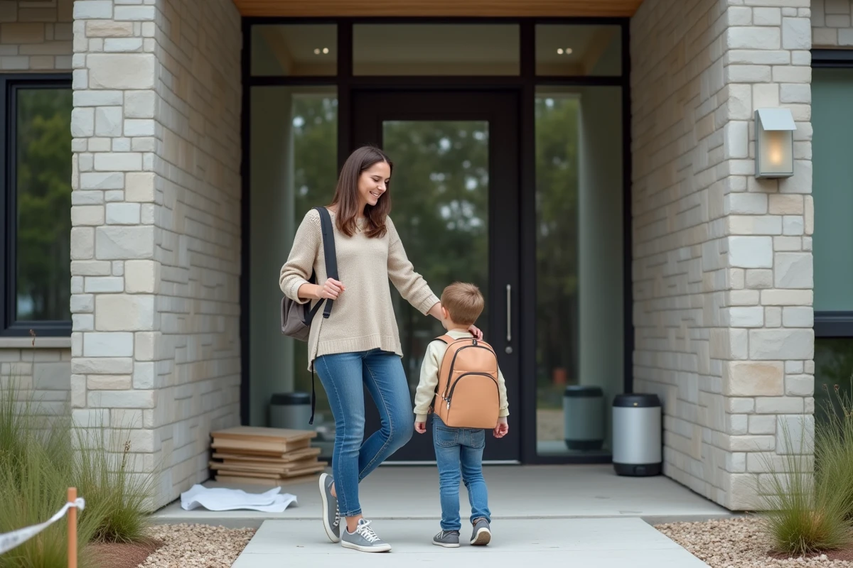 Femme et enfant devant un immeuble en construction