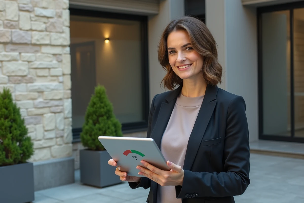 Femme avec tablette affichant un graphique en extérieur