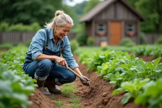 Femme jardinant dans un potager de 15 ares bien organisé avec des rangées de légumes et un cabanon en arrière-plan
