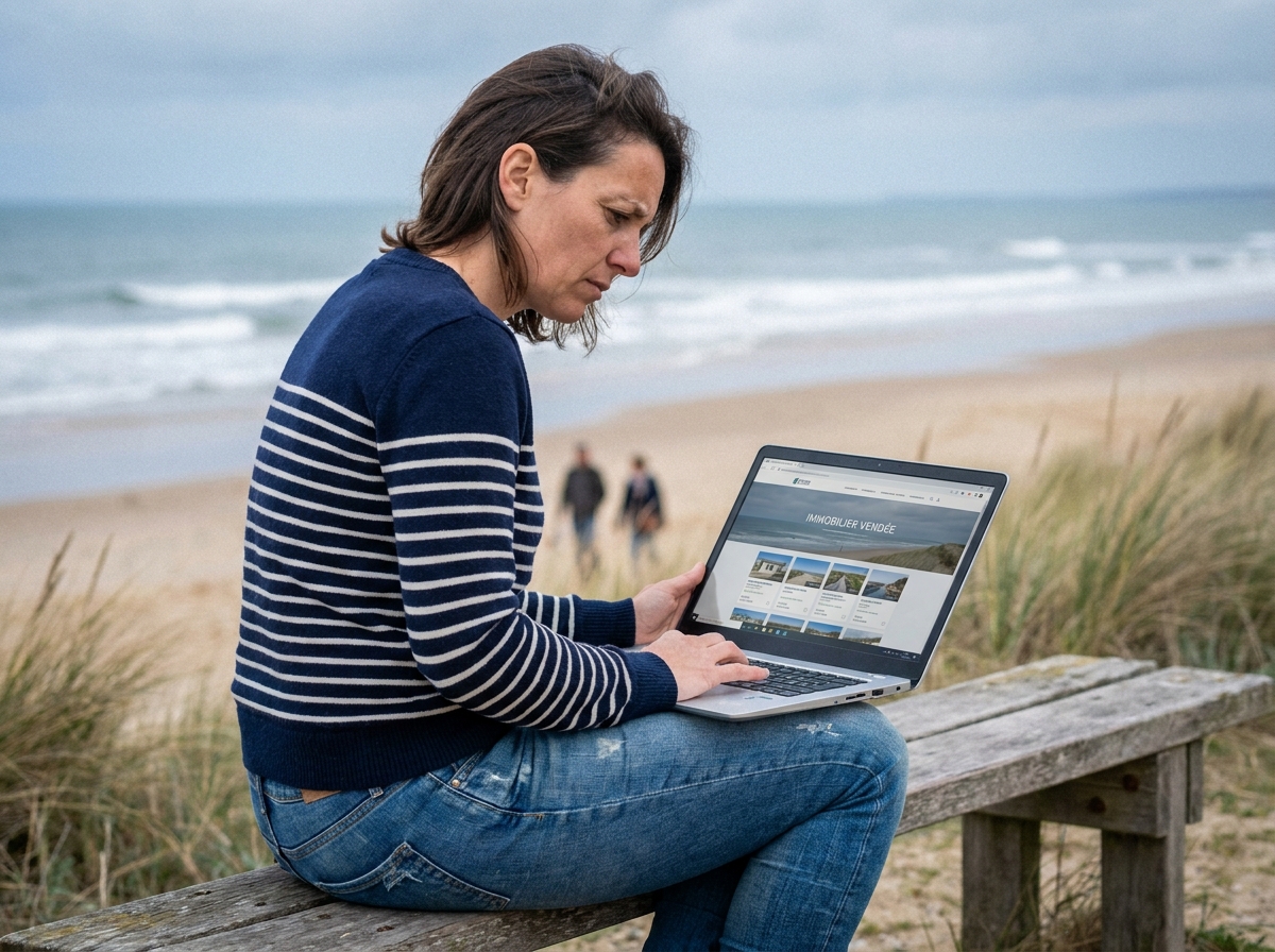 Femme consultant des annonces immobilières sur ordinateur portable en bord de mer en Vendée