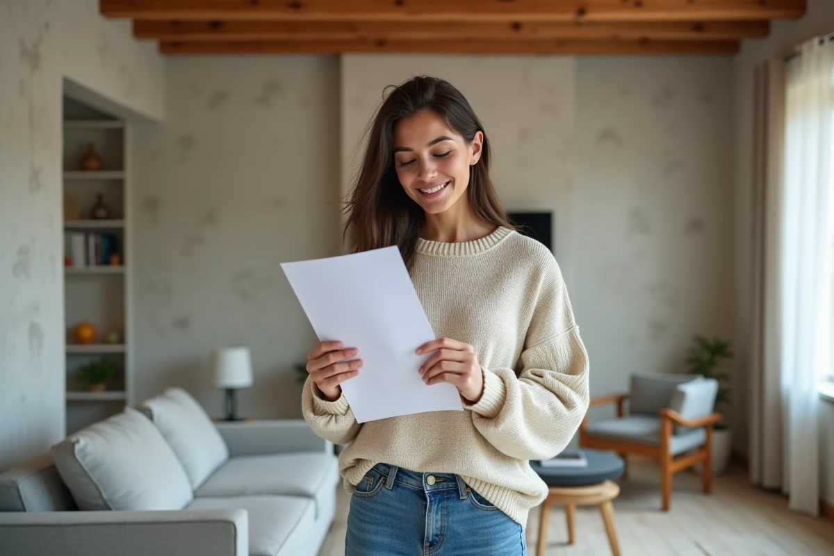 Jeune femme souriante avec documents dans salon rénové