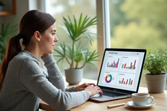 Femme détendue consultant ses résultats d'annonces en ligne sur un ordinateur portable dans un bureau à domicile
