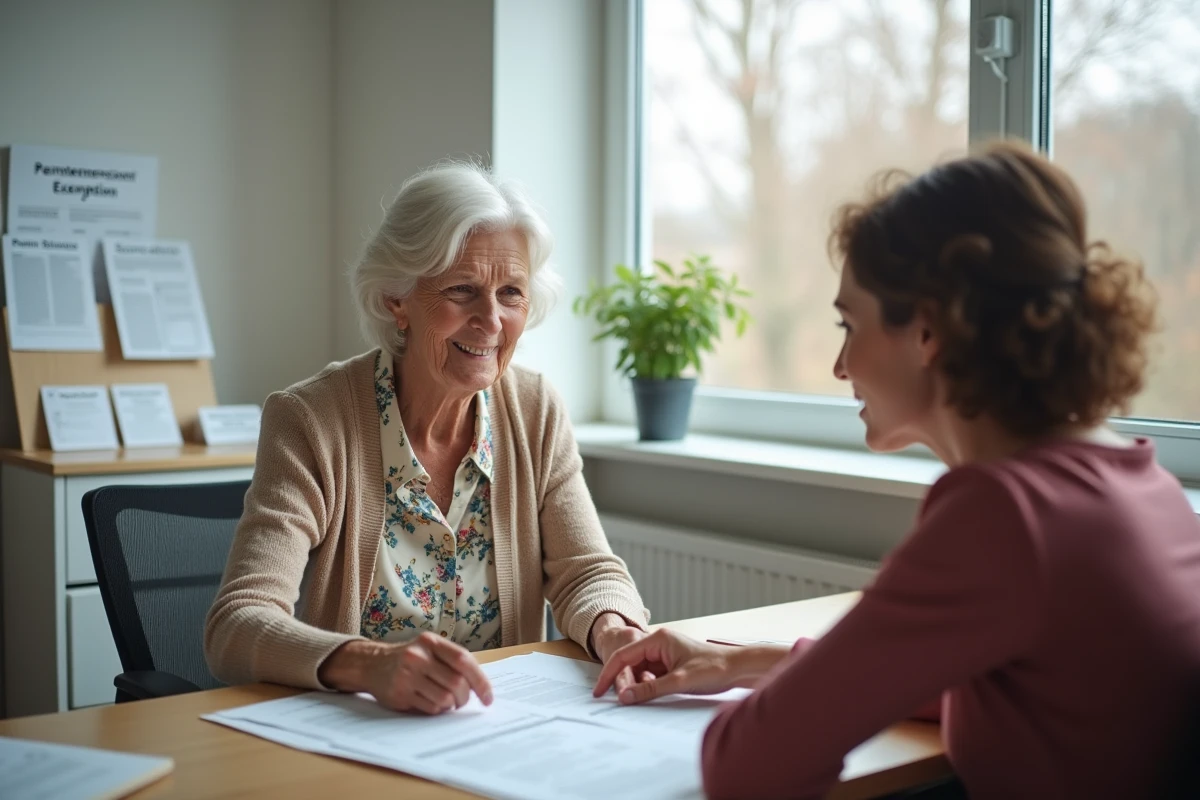Femme retraitée consulte une conseillère en impots au bureau