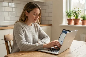 Femme souscrivant une assurance multirisque habitation en ligne sur son ordinateur portable dans sa cuisine