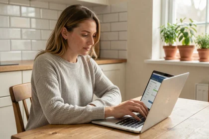 Femme souscrivant une assurance multirisque habitation en ligne sur son ordinateur portable dans sa cuisine