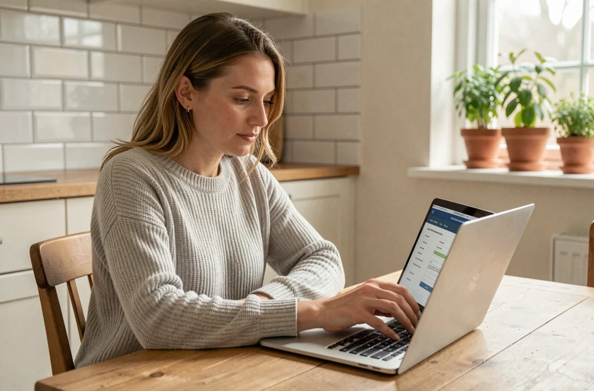 Femme souscrivant une assurance multirisque habitation en ligne sur son ordinateur portable dans sa cuisine