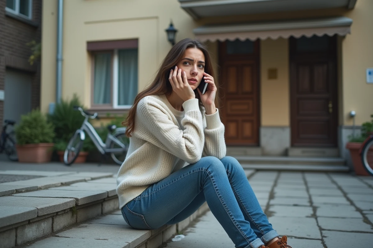 Jeune femme parlant au téléphone dans une cour urbaine