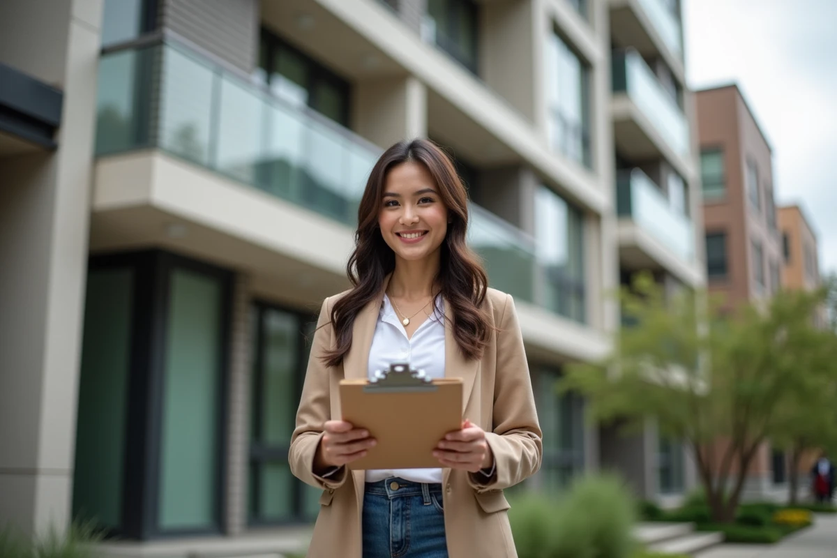 Jeune femme en extérieur analysant un projet immobilier