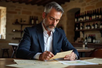 Propriétaire étudiant des documents de financement pour l'achat d'une propriété viticole à Bordeaux dans un bureau de château traditionnel