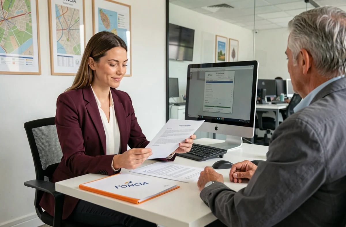 Agente Foncia Transaction à Gonesse présentant un contrat de gestion locative à un client
