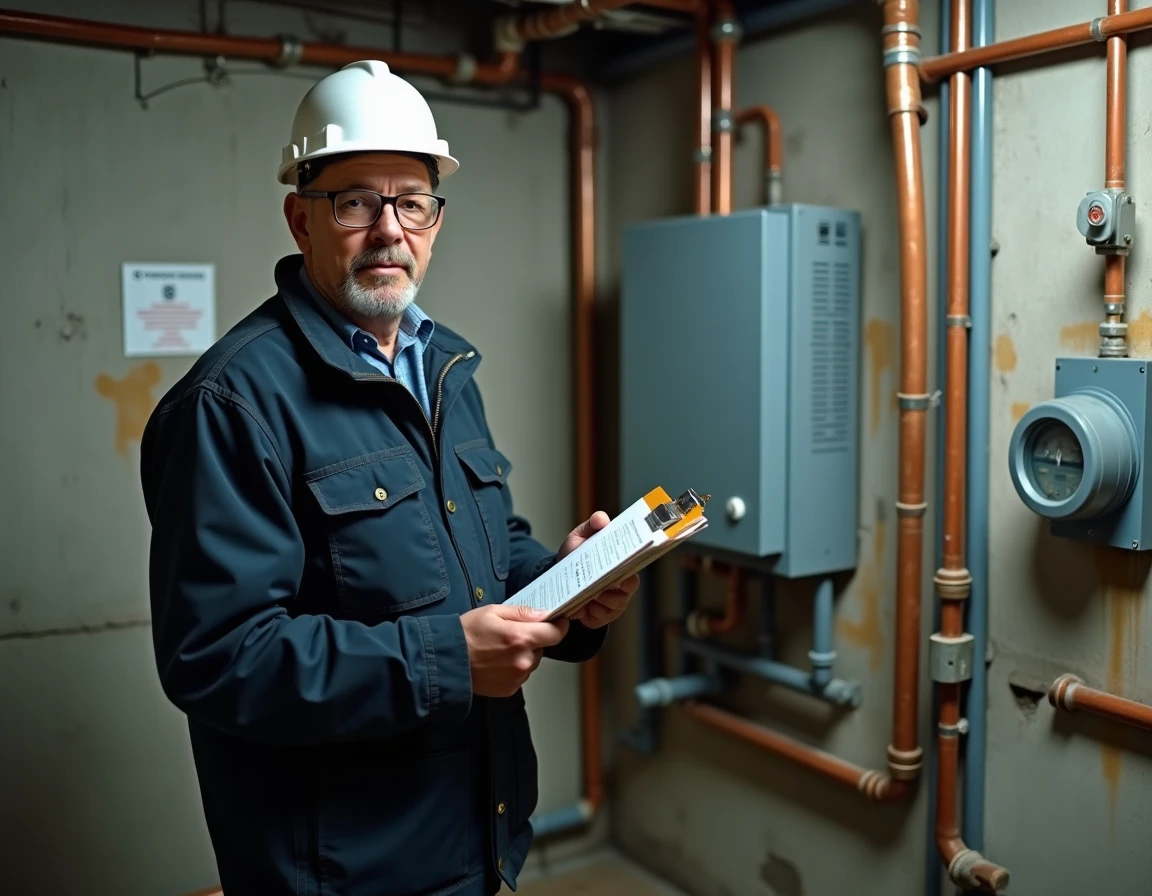 Gardien d'immeuble vérifiant les équipements collectifs liés aux charges locatives en sous-sol