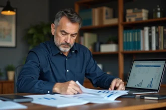 Homme d'affaires analysant des documents immobiliers liés à l'IDR pour un investissement immobilier réussi
