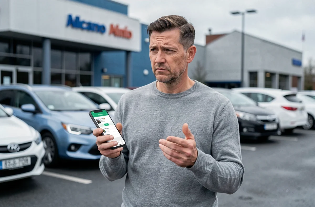 Homme consultant des avis clients sur smartphone dans un parking de société de location de véhicules
