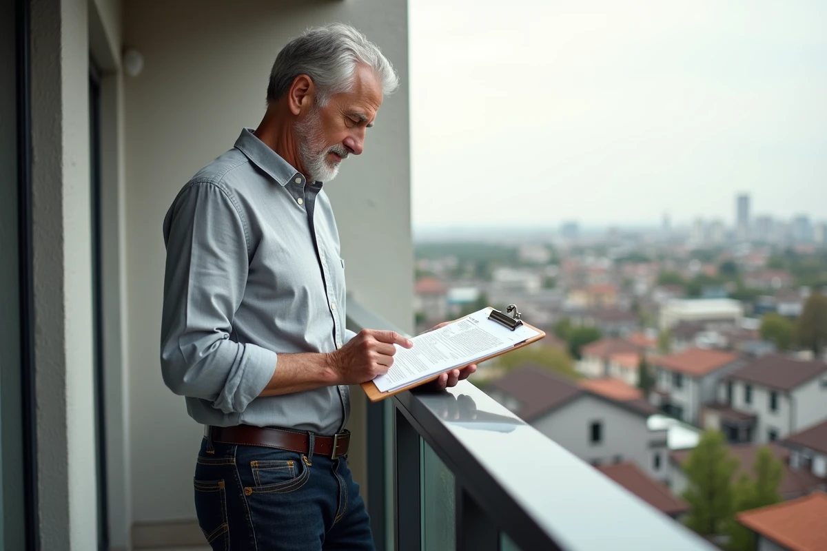Homme lisant un rapport immobilier sur un balcon urbain