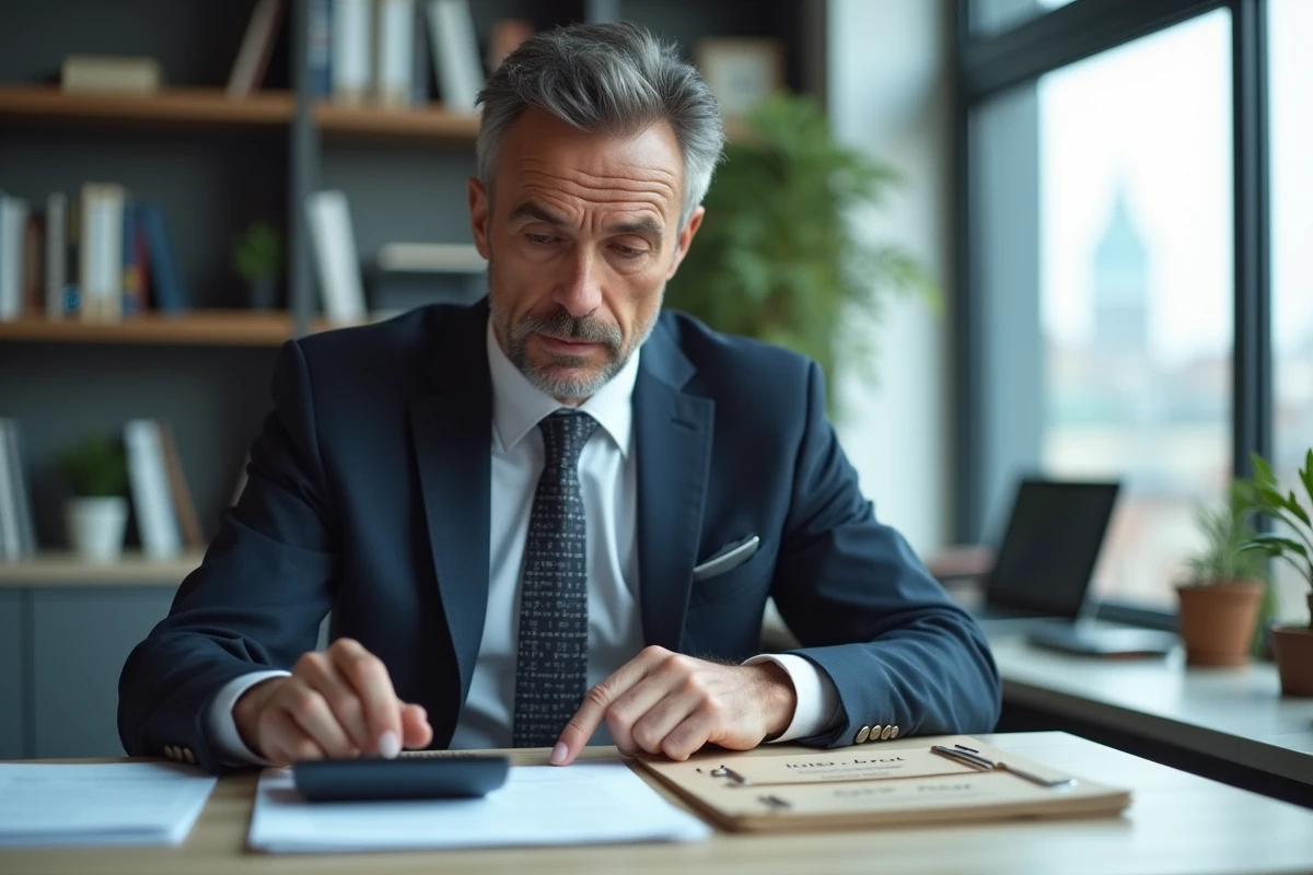 Homme en costume calculant avec dossiers