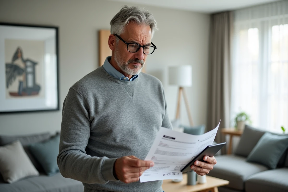 Homme comparant un rapport d'estimation immobilière imprimé avec des données en ligne dans un salon moderne