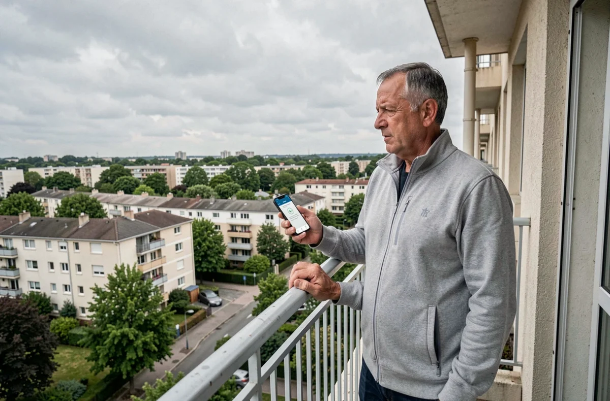Homme comparant des offres d'assurance habitation sur smartphone depuis un balcon en banlieue parisienne
