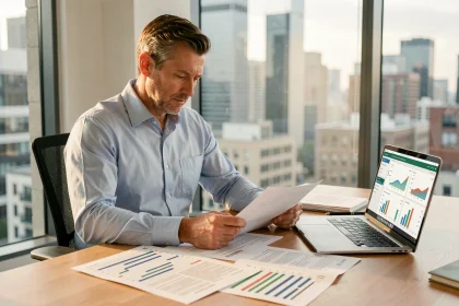 Homme consultant un baromètre des taux immobiliers sur des documents imprimés posés sur un bureau moderne