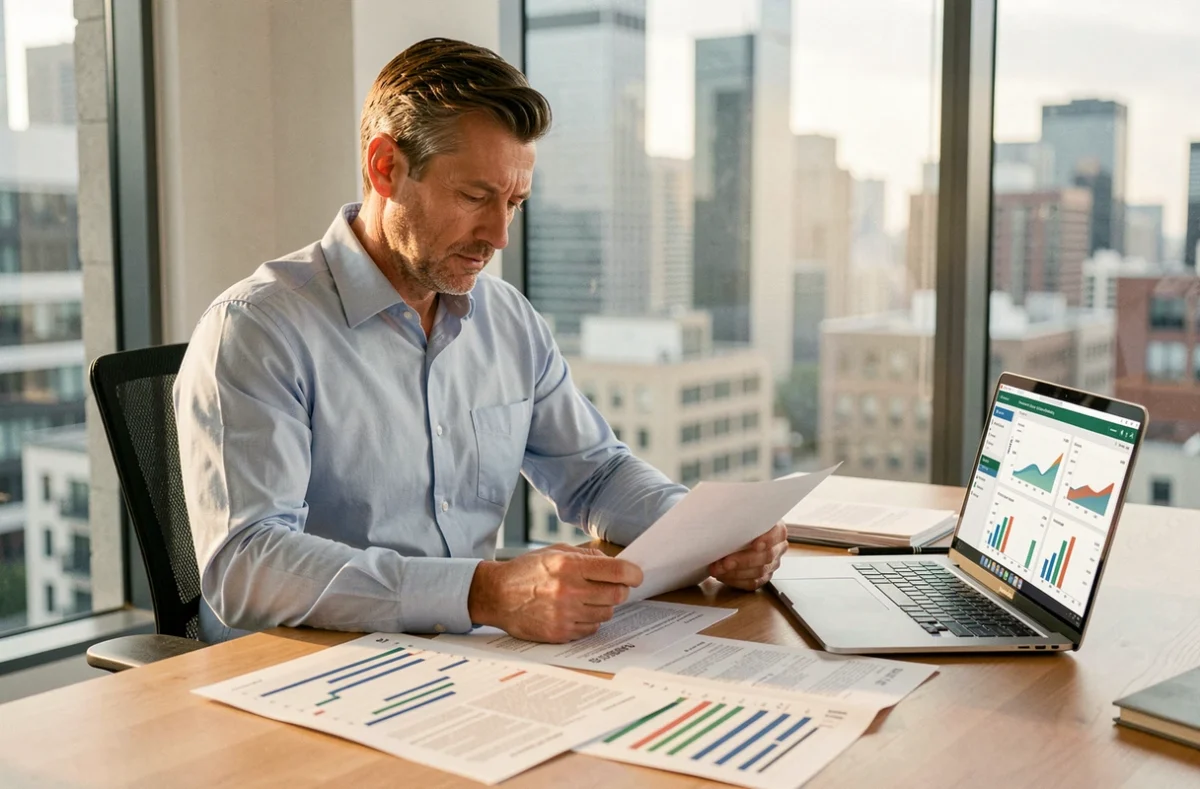 Homme consultant un baromètre des taux immobiliers sur des documents imprimés posés sur un bureau moderne