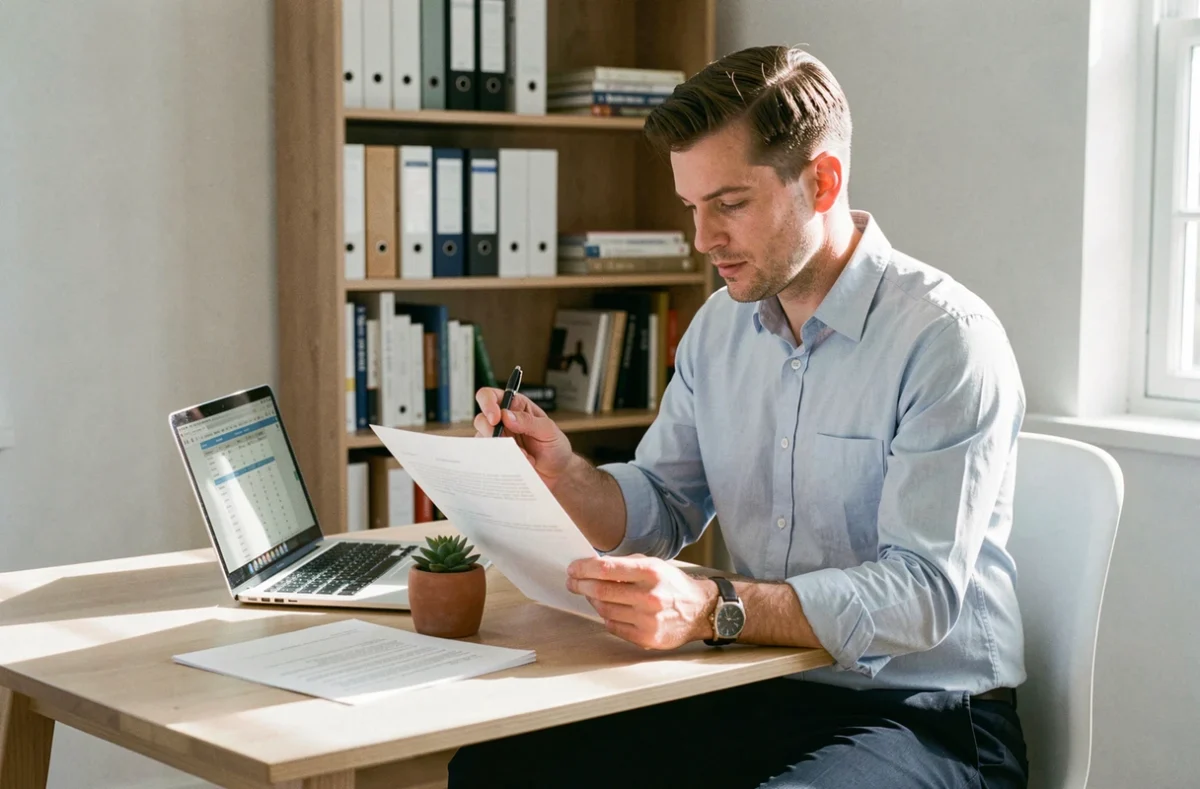 Homme lisant un contrat de financement immobilier locatif à son bureau à domicile