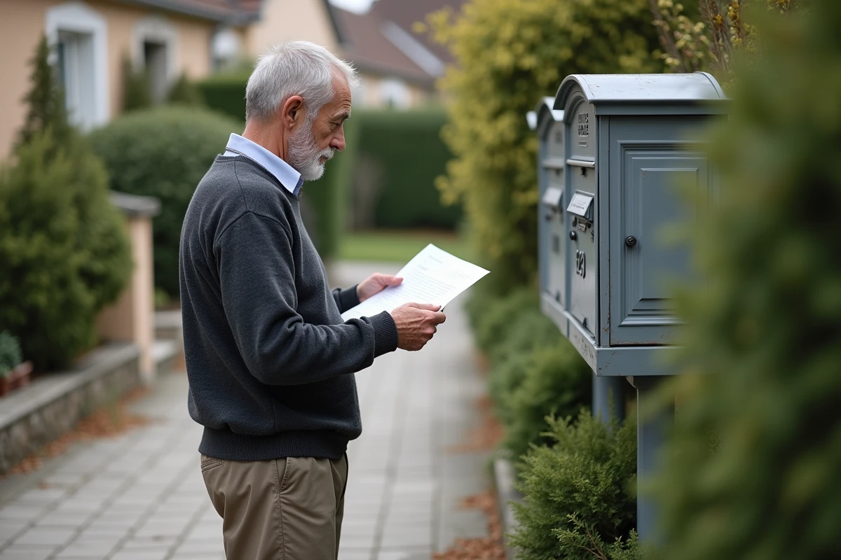 Homme âgé lisant une lettre près de la boîte aux lettres