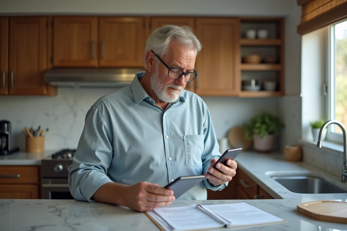 Homme en cuisine lisant un document avec son smartphone