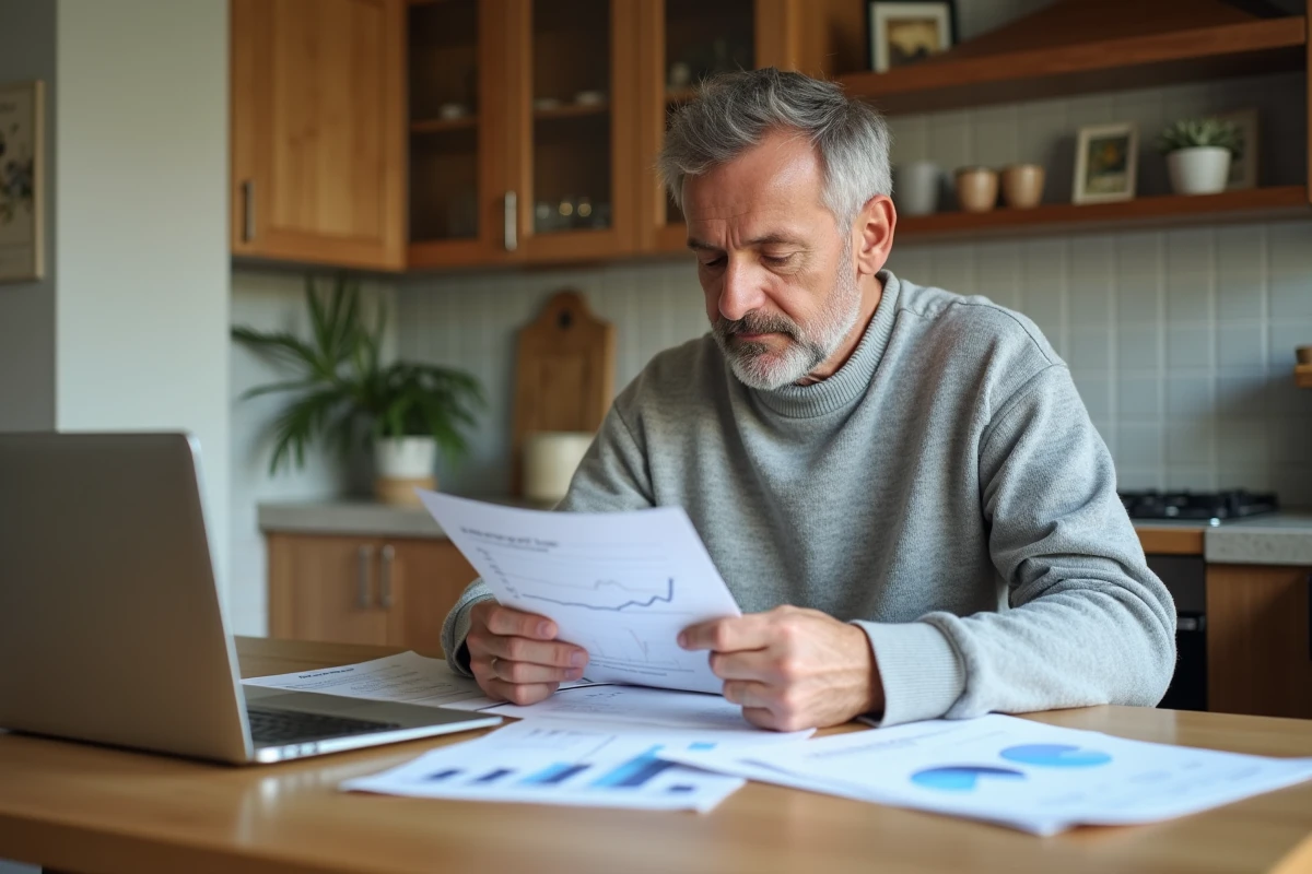 Homme à la maison examinant documents de prêt immobilier