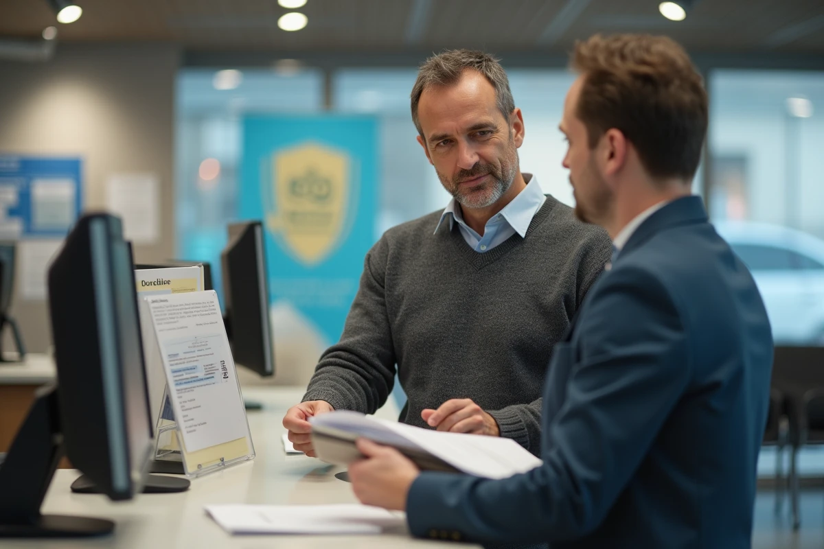 Homme remet un dossier de documents à un agent en agence d