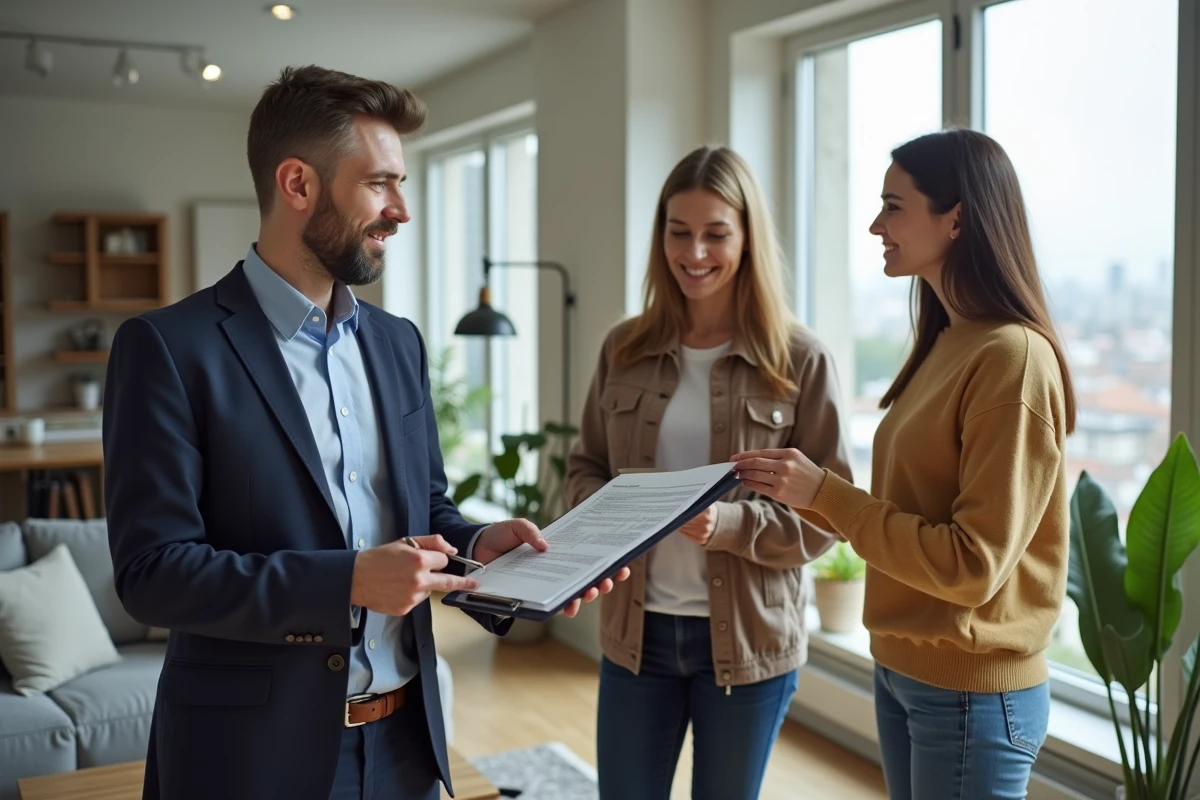Homme expliquant des détails à un couple dans un salon moderne