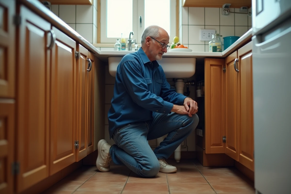 Homme inspecte une fuite sous l