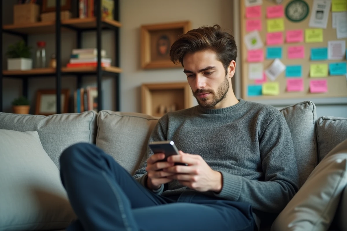 Jeune homme utilisant son smartphone pour payer son loyer dans le salon