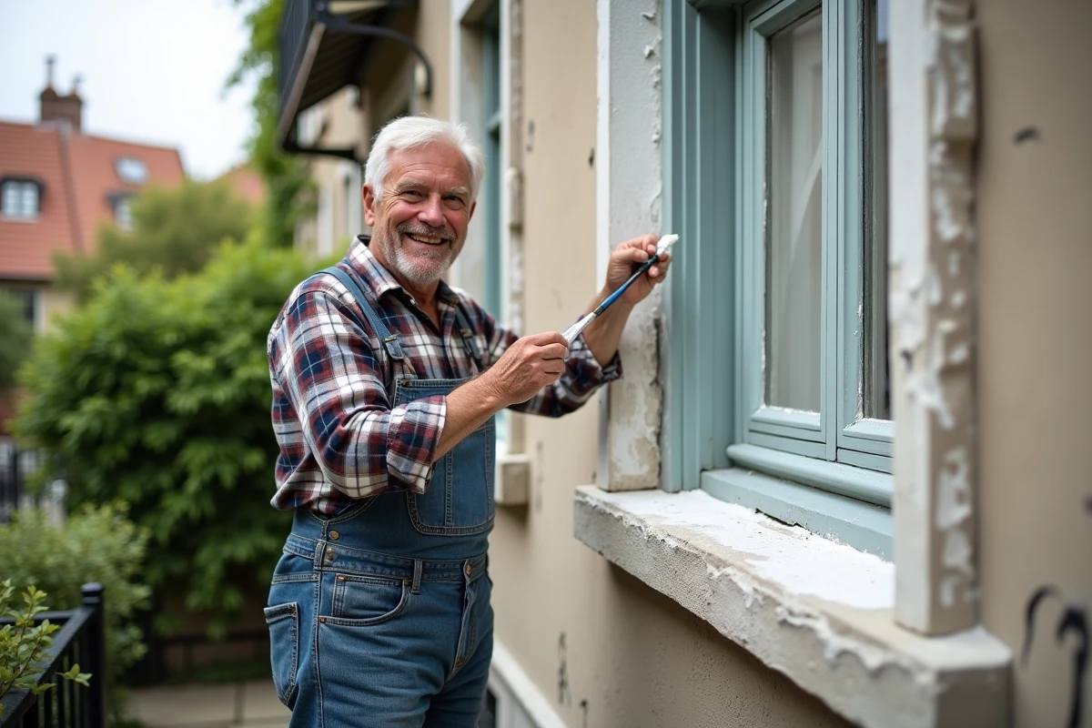 Homme senior peignant un cadre de fenetre en facade