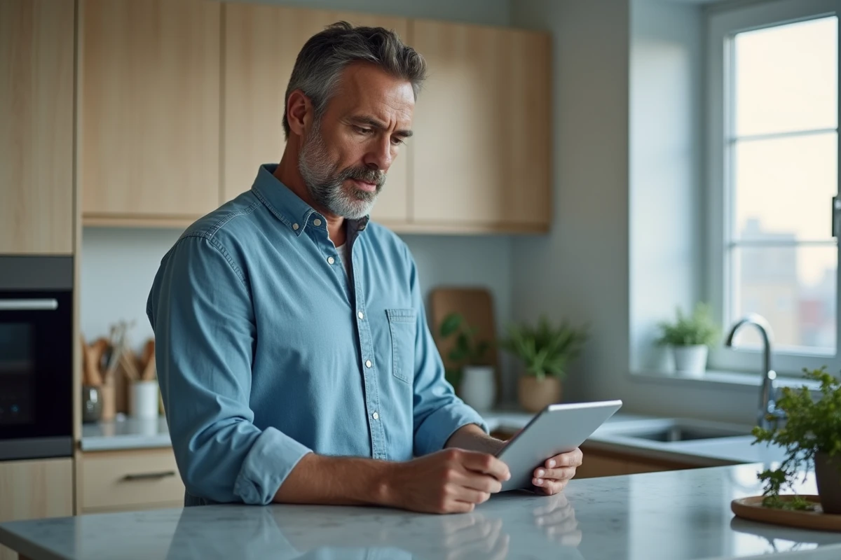 Homme consultant les statistiques de ses annonces sur une tablette dans une cuisine moderne et lumineuse