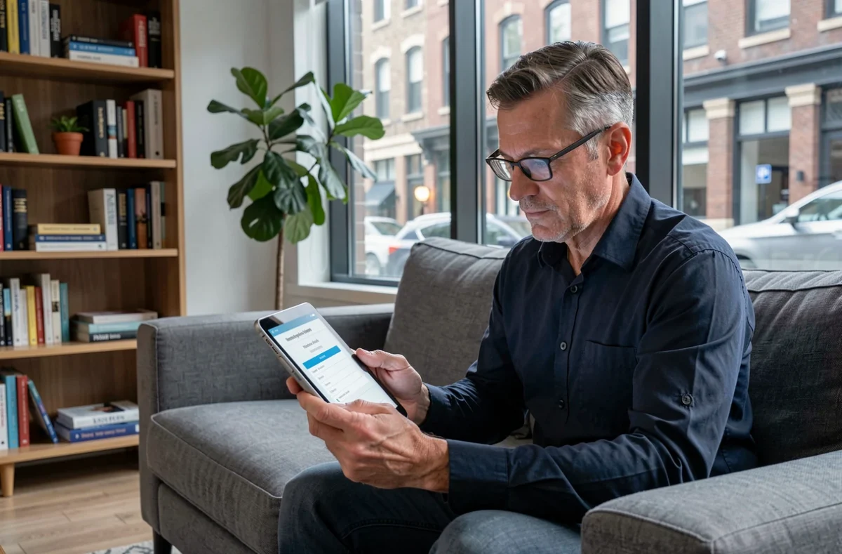 Homme consultant une assurance multirisque habitation sur une tablette dans son salon moderne