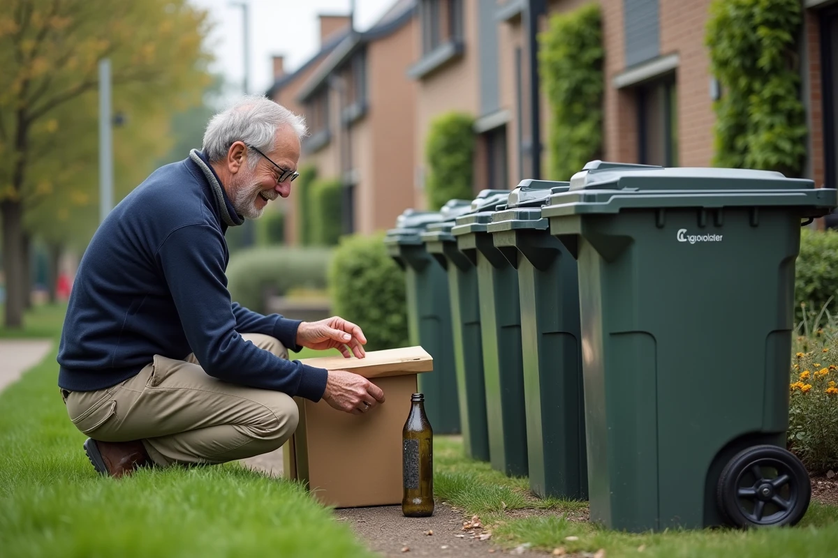 Homme âgé triant ses déchets dans un quartier durable