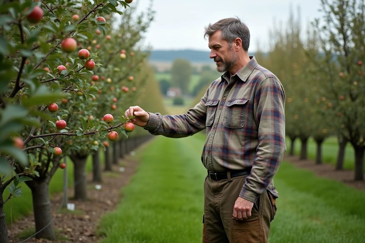 Homme inspectant des arbres fruitiers dans un verger de 15 ares avec pommiers et poiriers en rangées régulières