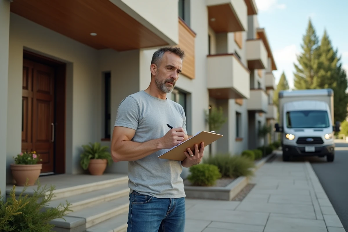 Homme vérifiant la liste de déménagement devant un immeuble