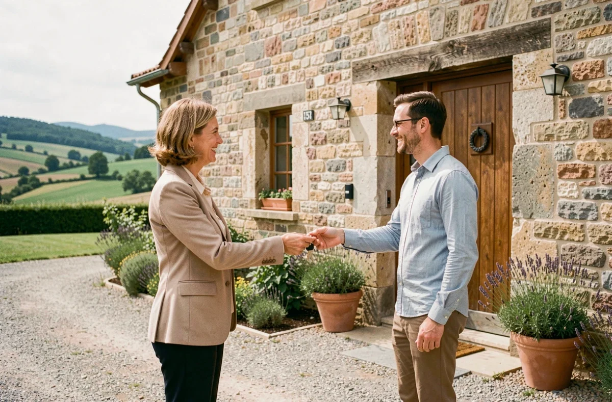 Agente d'Immolys remettant les clés d'une ferme rénovée en Saône-et-Loire à un couple d'acheteurs souriants