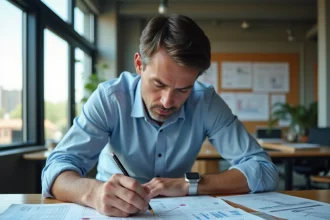 Ingénieur en bâtiment annotant un tableau de l'index BT47 pour actualiser des chiffrages de construction sur un bureau technique