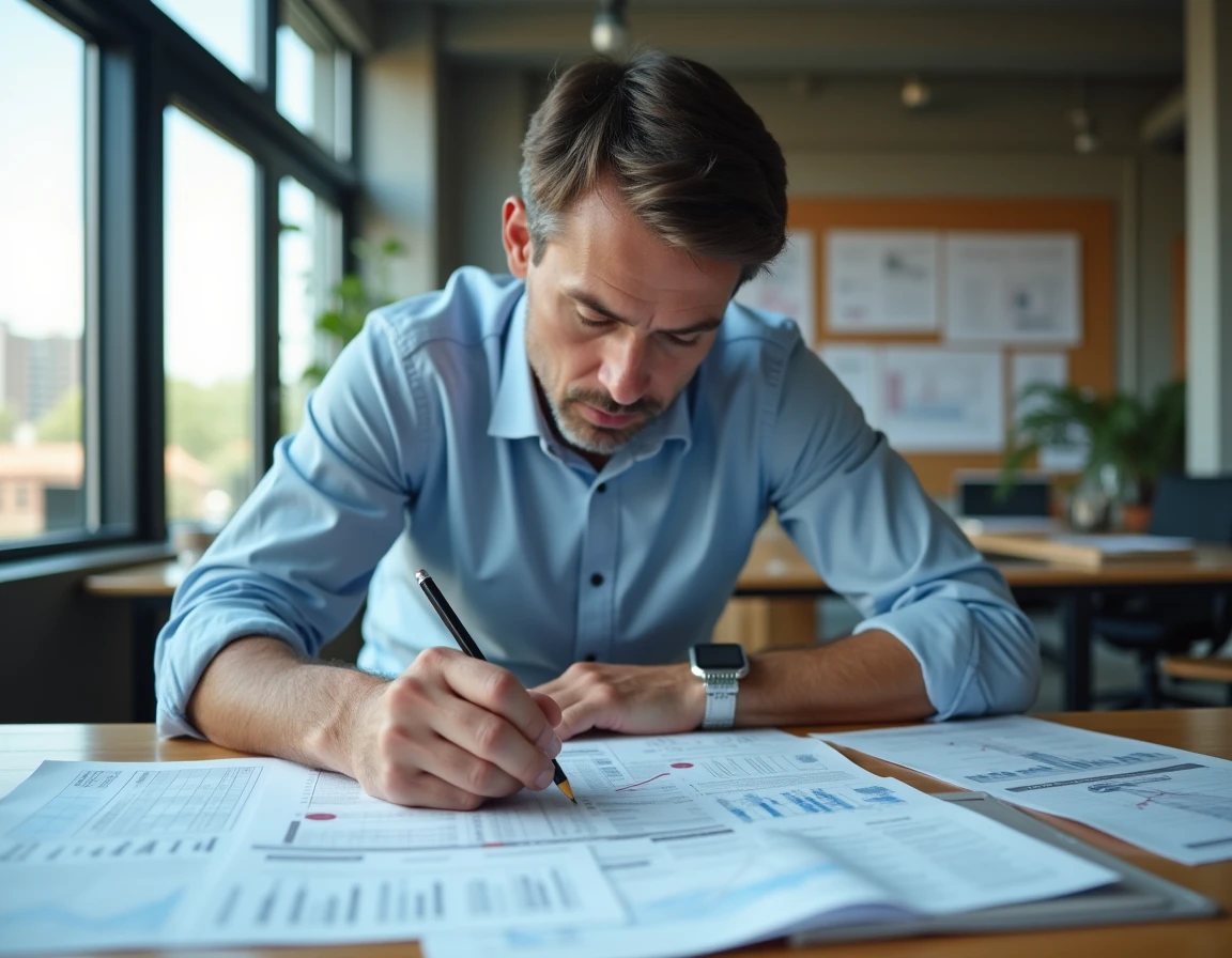 Ingénieur en bâtiment annotant un tableau de l'index BT47 pour actualiser des chiffrages de construction sur un bureau technique