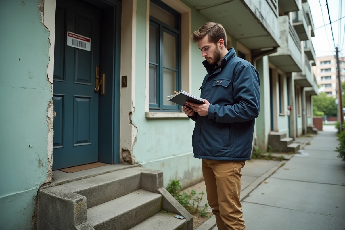 Jeune homme inspecteur devant un bâtiment en ruine